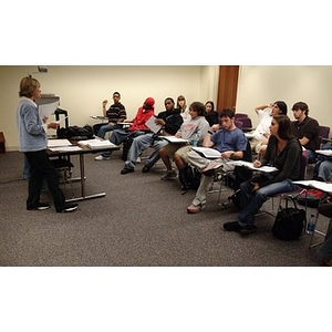 Students in class in a Snell Library classroom