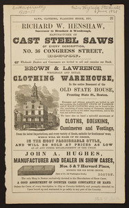 Advertisement for Brown & Lawrence, wholesale and retail clothing warehouse, in the entire basement of the Old State House, fronting State St., Boston, Mass., 1851