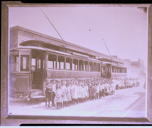 Twenty-five foot box cars at North Point, C. H. School children's outing