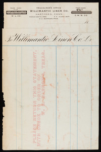 Billhead for the Treasurer's Office, Willimantic Linen Co., Dr., Hartford, Connecticut, 1800s