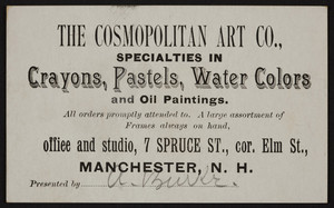 Trade card for The Cosmopolitan Art Co., paintings, 7 Spruce St., cor. Elm St., Manchester, N.H., undated