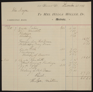 Billhead for Mrs. Helga Möller, Dr., modiste, 351 Harvard Street, Cambridge, Mass., dated December 20, 1893