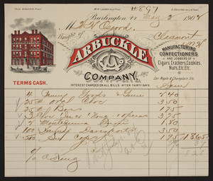 Billhead for the Arbuckle Company, manufacturing confectioners, corner of Maple & Champlain Streets, Burlington, Vermont, dated May 2, 1902