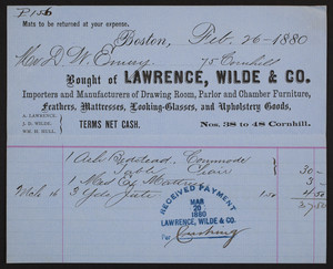 Billhead for Lawrence, Wilde & Co., importers and manufacturers of drawing room, parlor and chamber furniture, Nos. 38 to 48 Cornhill, Boston, Mass., dated February 26, 1880