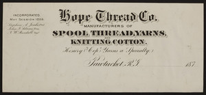 Billhead for the Hope Thread Co., manufacturers of spool thread, yarns and knitting cotton, Pawtucket, Rhode Island, 1870s