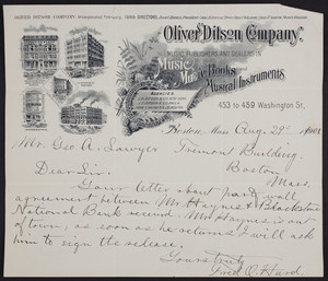 Billhead for the Oliver Ditson Company, music publishers and dealers in music, music books and musical instruments, 453 to 459 Washington Street, Boston, Mass., dated August 29, 1901