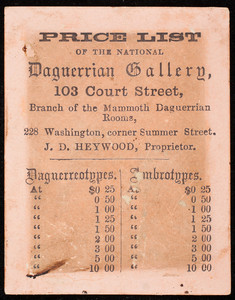 Price list of the National Daguerrian Gallery, 103 Court Street, Boston, Mass., undated