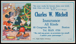 Trade card, Charles W. Mitchell, insurance, all kinds, 60 Congress Street, Boston, Mass.