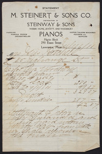 Billhead for M. Steinert & Sons Co., distributers of Steinway & Sons Pianos, Pilgrim Block, 290 Essex Street, Lawrence, Mass., dated July 6, 1911