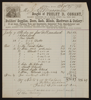 Billhead for Prelet F. Conant, builder's supplies, 12 Second Street, Fall River, Mass., dated November 27, 1872