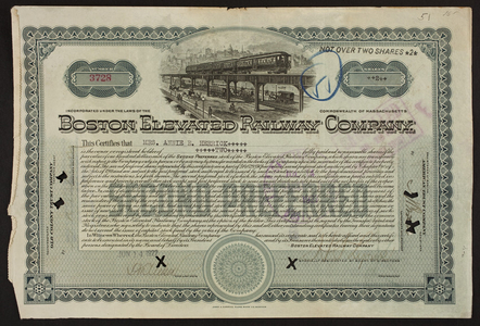 Stock certificate for the Boston Elevated Railway Company, Old Colony Trust Company, Boston, Mass., dated June 14, 1922