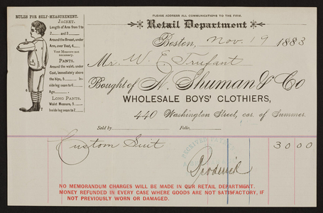 Billhead for A. Shuman & Co., wholesale boys' clothiers, 440 Washington Street corner of Summer, Boston, Mass., dated November 19, 1883