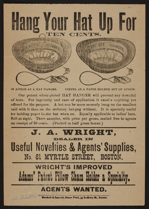 Handbill for J.A. Wright, useful novelties & agents' supplies, 61 Myrtle Street, Boston, Mass., undated