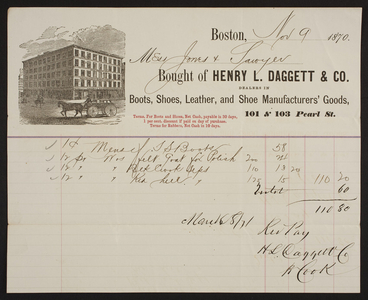 Billhead for the Henry L. Daggett & Co., boots, shoes, leather and shoe manufacturers' goods, 101 & 103 Pearl Street, Boston, Mass., dated November 9, 1870