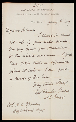 Thomas Lincoln Casey to Colonel H. Wood, January 4, 1887, copy