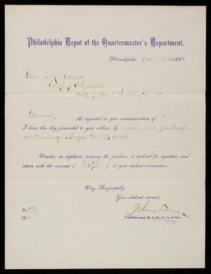 John V. Furvey to Thomas Lincoln Casey, November 12, 1888