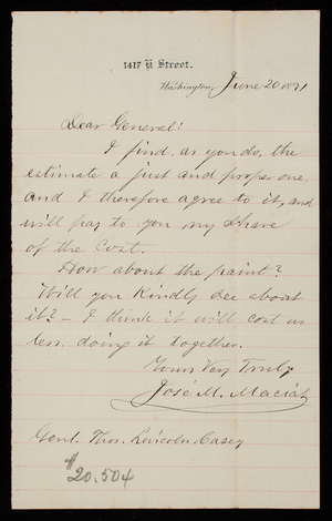Jose M. Macias to Thomas Lincoln Casey, June 20, 1891