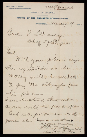 [William] T. Rossell to Thomas Lincoln Casey, May 9, 1891