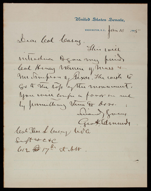 Senator [George] Edmunds to Thomas Lincoln Casey, January 10, 1885