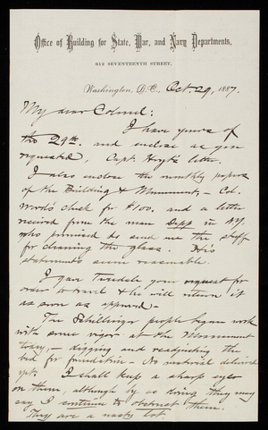 Bernard R. Green to Thomas Lincoln Casey, October 29, 1887 (2)