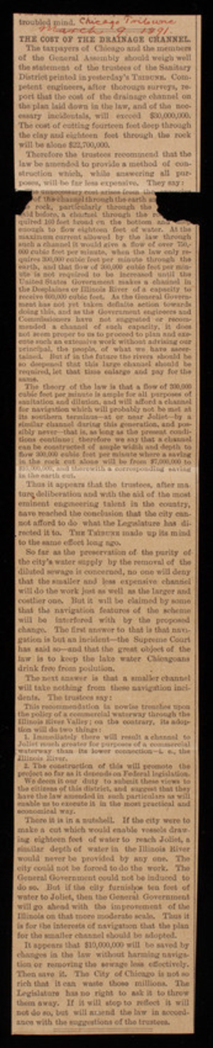Newpaper clipping, Chicago Tribune: The Cost of the Drainage Channel, March 9, 1891