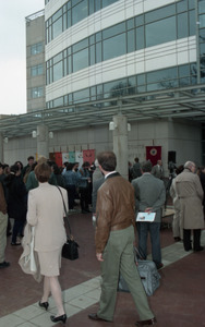 Dedication ceremonies for the Conte Polymer Center: crowd milling outside the building