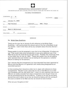 Fax from Mark H. McCormack to Haji Fukuhara regarding British Open Qualifying