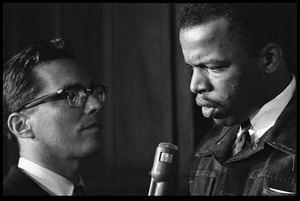 John Lewis interviewed by a reporter at the Youth, Non-Violence, and Social Change conference, Howard University