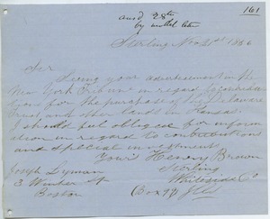 Letter from Henry Brown to Joseph Lyman