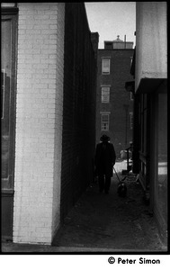 Man walking his dog down an alley