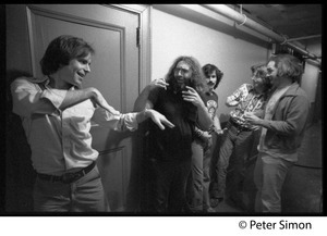 Grateful Dead backstage (left to right): Bob Weir, Jerry Garcia, Mickey Hart, Phil Lesh, and Bill Kreutzman