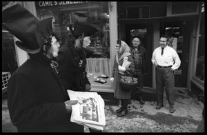 Two masked protesters (Bread and Puppet Theater) walk through the streets of Montpelier, during a demonstration against the invasion of Laos