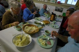 Church supper at the First Congregational Church, Whately: diners eating at their table