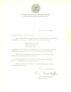 Circular letter from National Institute of Arts and Letters to W. E. B. Du Bois