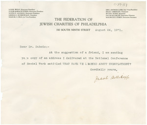 Letter from Joseph Billikopf to W. E. B. Du Bois