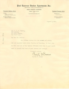 Letter from Paul Laurence Dunbar Apartments to W. E. B. Du Bois