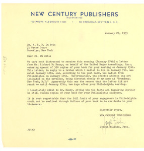 Letter from New Century Publishers to W. E. B. Du Bois