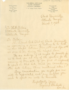 Letter from Clark University Liberal Arts Club to W. E. B. Du Bois