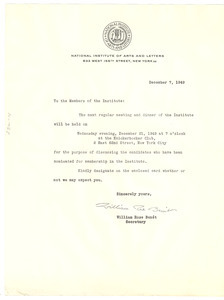 Circular letter from National Institute of Arts and Letters to W. E. B. Du Bois