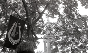 Gay liberation demonstration at Cambridge Common: man hanging Gay Liberation Front flag