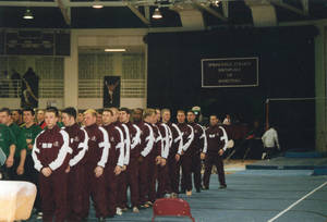 Springfield College men's gymnastics team lined up at meet