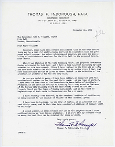Letter from Thomas F. McDonough to Mayor John F. Collins