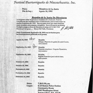 Agenda from Festival Puertorriqueño de Massachusetts, Inc. Board of Directors meeting on August 18, 1995