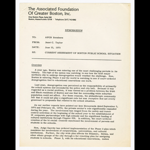 Memorandum from Janet C. Taylor to members of Associated Foundation of Greater Boston with current assessment of Boston public school situation