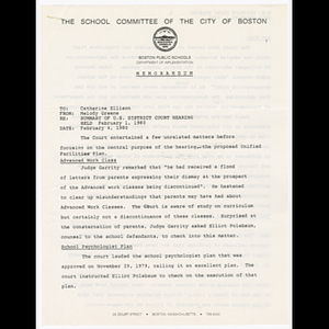 Memorandum from Melody Greene to Catherine Ellison about U.S. district court hearing held February 4, 1980