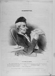 La LECTURE DU JOURNAL. Ah! j'espère qu'aujourd'hui enfin mon grand Journal m'apprendra quelque chose de nouveau et de définitif touchant la crise actuelle..... voyons..... "La situation est grave...." Hum! Hum! ça commence à devenir monotone. (Refrain de chaque matin).