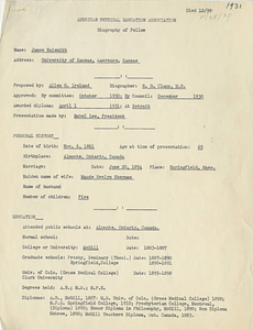 AAHPERD Biography of Fellow - Dr. James Naismith (1930)