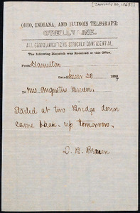 Telegram from Luther Bruen, Fort Hamilton, NY to Augusta Bruen, 1863 January 20