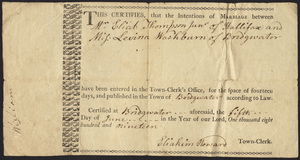 Marriage Intention of Eliah Thompson and Levina Washburn of Bridgewater, Massachusetts, 1819