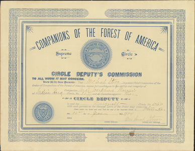 Circle Deputy Commission certificate issued by the Supreme Circle to Josephine Marquis, 1900 June 12